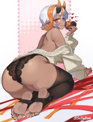 Rule 34 | 1girl, artist name, ass, ass focus, candy, chocolate, chocolate heart, curvy, dark-skinned female, dark skin, feet, female focus, food, foot focus, heart, highres, kit (sintrybest), lingerie, multicolored hair, original, panties, pointy ears, red eyes, sin (sintrybest), solo, tagme, thick thighs, thighs, underwear, valentine, white hair