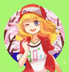 Rule 34 | 10s, 1girl, ;d, blonde hair, blue eyes, blush, cherry blossoms, clothes writing, green background, hat, hovering kousin, idolmaster, idolmaster cinderella girls, jacket, jewelry, namco, necklace, ohtsuki yui, one eye closed, open clothes, open jacket, open mouth, plant, shirt, short sleeves, simple background, sleeve cuffs, smile, solo, t-shirt, tareme, tree, white shirt, wink