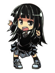 Rule 34 | 1girl, angry, black hair, blunt bangs, chibi, d:, d:&lt;, female focus, full body, katteni kaizou, long hair, natori umi, open mouth, outstretched arm, round teeth, school uniform, shoes, simple background, skirt, sneakers, solo, sweater, tanashi (mk2), teeth, v-shaped eyebrows, white background