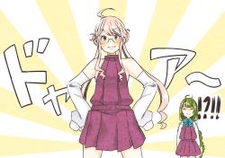 Rule 34 | 2girls, commentary request, cowboy shot, detached sleeves, double bun, dress, hair bun, halterneck, hands on own hips, highres, kantai collection, looking at viewer, makigumo (kancolle), multiple girls, pink hair, pleated dress, purple dress, sleeves past fingers, sleeves past wrists, smug, solo focus, standing, sunburst, sunburst background, tamaki., twintails, yuugumo (kancolle)