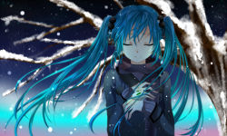 Rule 34 | 1girl, aqua hair, coat, collarbone, closed eyes, facing viewer, hands on own chest, hatsune miku, holding, long hair, long sleeves, mariwai (marireroy), parted lips, portrait, snow, solo, tree, twintails, very long hair, vocaloid, winter