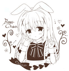 Rule 34 | 1girl, :o, animal ears, apron, bitter crown, blush, character name, commentary request, dress, fingernails, gochuumon wa usagi desu ka?, greyscale, hair between eyes, hair ornament, hands up, head tilt, heart, kafuu chino, long hair, looking at viewer, maid apron, monochrome, parted lips, puffy short sleeves, puffy sleeves, rabbit ears, short sleeves, simple background, solo, white background, wrist cuffs, x hair ornament