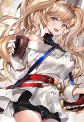 Rule 34 | alternate costume, bandaid, bandaid on face, belt, bendy straw, blonde hair, brown eyes, bubble tea, cup, disposable cup, drink, drinking straw, highres, long hair, looking at viewer, monika weisswind, open mouth, princess connect!, scabbard, sheath, shorts, smile, solo, soraneko hino, sword, twintails, weapon