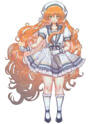 Rule 34 | 1girl, alternate costume, dress, frilled dress, frills, gloves, hat, heart, highres, ishmael (project moon), limbus company, long hair, mary janes, njaja kanja, orange eyes, orange hair, project moon, puffy short sleeves, puffy sleeves, ribbon, shoes, short sleeves, simple background, socks, solo, white background, white dress, white gloves, white ribbon