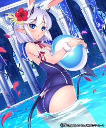 Rule 34 | 10s, 1girl, animal ears, ass, ass cutout, ball, beachball, blue eyes, blue one-piece swimsuit, breasts, cleavage, clothing cutout, demon tail, earrings, flower, hair flower, hair ornament, hibiscus, horns, indoor pool, indoors, jewelry, jpeg artifacts, looking at viewer, mel/a, one-piece swimsuit, open mouth, petals, pointy ears, pool, rabbit ears, shingeki no bahamut, short hair, silver hair, small breasts, solo, swimsuit, tail, wading, wrist cuffs