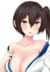Rule 34 | 10s, 1girl, :o, asymmetrical hair, bare shoulders, blush, breasts, brown hair, cleavage, collarbone, eyebrows, hair between eyes, highres, japanese clothes, kaga (kancolle), kantai collection, kimono, large breasts, mikami (yuetumapo), mikami。, no bra, off shoulder, open clothes, open kimono, open mouth, short hair, side ponytail, simple background, solo, sweatdrop, undressing, white background, yellow eyes