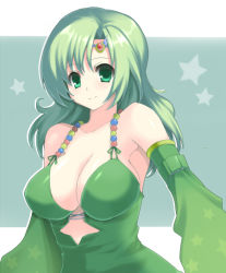 Rule 34 | 1990s (style), 1girl, breasts, cleavage, detached sleeves, final fantasy, final fantasy iv, green eyes, green hair, large breasts, matching hair/eyes, mayachi (amuriya), aged up, rate (pixiv), rydia (ff4), smile, solo, star (symbol)