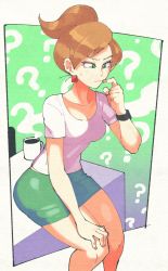 Rule 34 | 1girl, ?, aurea juniper, breasts, brown hair, cleavage, coffee mug, commentary, creatures (company), cup, earrings, game freak, green eyes, green skirt, high ponytail, highres, inkerton-kun, jewelry, looking down, medium breasts, mug, nintendo, pokemon, pokemon bw, ponytail, shirt, simple background, sitting, skirt, solo, sweatdrop, swept bangs, symbol-only commentary, thighs, watch, wristwatch