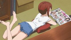 Rule 34 | 10s, 1girl, animated, animated gif, barefoot, blue shorts, feet, frills, indoors, kosaka yukiho, love live!, love live! school idol project, lying, magazine (object), on floor, on stomach, reading, red hair, shirt, short hair, shorts, solo, toes, white shirt