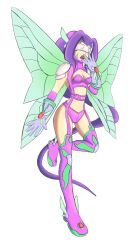 Rule 34 | 1girl, digimon, digimon (creature), fairimon, female focus, gloves, highres, long hair, mask, ponytail, purple hair, sidelocks, simple background, solo, very long hair, white background, wings