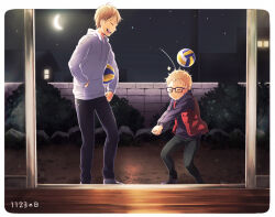 Rule 34 | ball, black pants, black shirt, blonde hair, brick wall, brothers, bush, closed eyes, crescent moon, full body, glasses, grey hoodie, haikyuu!!, hand in pocket, holding, holding ball, hood, hoodie, jacket, long sleeves, male focus, moon, night, night sky, open mouth, outdoors, pants, playing, red vest, rock, shirt, short hair, siblings, sky, standing, teeth, tsukishima kei, upper teeth only, vest, volleyball, volleyball (object), wai