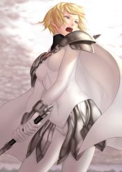 Rule 34 | &gt;:o, 1girl, :o, angry, armor, blonde hair, bodysuit, breasts, cape, clare (claymore), claymore (series), claymore (sword), cloud, cloudy sky, contrapposto, covered erect nipples, cowboy shot, faulds, fighting stance, from below, from side, gloves, grey eyes, highres, holding, holding weapon, looking to the side, open mouth, outdoors, pauldrons, short hair, shoulder armor, shouting, sketch, sky, solo, standing, sword, tongue, turtleneck, v-shaped eyebrows, vambraces, weapon, xun (xun124c41)
