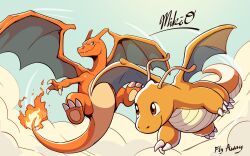 Rule 34 | absurdres, animal focus, artist name, brown eyes, charizard, claws, cloud, colored skin, commentary, creatures (company), dragon, dragon wings, dragonite, english commentary, english text, fire, flying, game freak, gen 1 pokemon, highres, horns, nintendo, no humans, nostrils, orange skin, pokemon, pokemon (creature), puppercase, smile, tail, wings