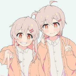 Rule 34 | 1boy, 1girl, ahoge, blush, braid, brown eyes, brown jacket, commentary request, cosplay, dual persona, finger to cheek, grin, hair between eyes, hair ornament, hairclip, highres, jacket, long hair, looking at viewer, matching outfits, onii-chan wa oshimai!, oyama mahiro, oyama mahiro (cosplay), pink hair, rokuban624, shirt, side braid, simple background, single braid, smile, twin braids, upper body, v, white background, white shirt, wing collar
