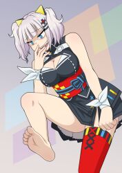 Rule 34 | 1girl, barefoot, black dress, blue eyes, breasts, cleavage, cleavage cutout, clothing cutout, commentary request, dress, dress tug, feet, grey hair, hair ornament, hairclip, hand to own mouth, iromeki overdrive, kaguya luna, large breasts, leg up, medium hair, obi, open mouth, red sash, red thighhighs, ribbon, sash, sharp teeth, simple background, single thighhigh, skindentation, sleeveless, sleeveless dress, smile, smirk, soles, solo, standing, standing on one leg, teeth, the moon studio, thighhighs, toes, twintails, upper teeth only, virtual youtuber, white ribbon, wrist ribbon