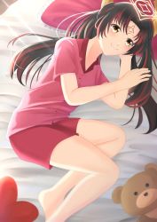 Rule 34 | 1girl, absurdres, bed, bed sheet, black hair, blush, commission, feet, feet out of frame, halo, heart, highres, horns, idol corp, knees, light rays, lily sin, long hair, looking at viewer, multicolored hair, nose, pillow, shirt, shorts, smile, stuffed animal, stuffed toy, sunbeam, sunlight, teddy bear, thighs, virtual youtuber