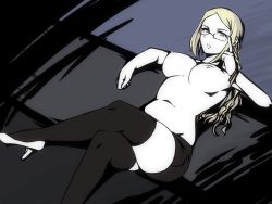 Rule 34 | 1girl, adjusting eyewear, blonde hair, breasts, couch, crossed legs, feet out of frame, female focus, glasses, grey eyes, high heels, konishi mitsuki, large breasts, long hair, looking at viewer, nipples, no shirt, open mouth, parted lips, ringlets, sitting, sitting on object, solo, subarashiki kono sekai, thighhighs, topless, tridis
