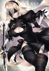 Rule 34 | 1girl, black dress, black gloves, black thighhighs, blindfold, blonde hair, breasts, cleavage, cleavage cutout, clothing cutout, cosplay, dress, gloves, hairband, highres, holding, holding sword, holding weapon, katana, long hair, matsumoto tomoyohi, mole, mole under mouth, nier:automata, nier (series), nijisanji, nui sociere, puffy sleeves, see-through, smile, solo, sword, thighhighs, very long hair, virtual youtuber, weapon, 2b (nier:automata) (cosplay)