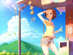 Rule 34 | 1girl, bell, bottle, brown eyes, brown hair, casual, hand on forehead, highres, k-on!, ludou, ramune, shirt, short hair, shorts, standing, t-shirt, tainaka ritsu, wind chime
