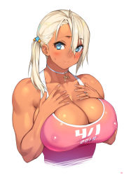 Rule 34 | 1girl, 2019, 23 (real xxiii), bare shoulders, blue eyes, blush, breasts, choker, cleavage, commentary request, covered erect nipples, dark-skinned female, dark skin, dated, eyes visible through hair, hair between eyes, hair ornament, hands on own chest, highres, huge breasts, jewelry, long hair, looking at viewer, muscular, muscular female, necklace, original, platinum blonde hair, ring, sela (23), side ponytail, simple background, solo, star (symbol), star hair ornament, sweatdrop, upper body, wedding band, white background