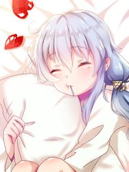 Rule 34 | 1girl, :t, artist name, bed, beyblade, beyblade: burst, blue hair, blush, character name, closed eyes, heart, hug, knees to chest, kymhotii, long hair, nishiro nya, hugging object, pillow, pillow grab, pillow hug, self-upload, shirt, short twintails, simple background, sleeping, solo, twintails, white shirt