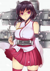 Rule 34 | 10s, 1girl, bad id, bad pixiv id, black hair, blouse, branch, breasts, cannon, detached sleeves, hair ornament, highres, japanese clothes, kantai collection, large breasts, lips, machinery, nontraditional miko, obi, red eyes, red skirt, sash, searchlight, shirt, short hair, skirt, skirt set, smokestack, solo, tiha, turret, white background, wide sleeves, wristband, yamashiro (kancolle)