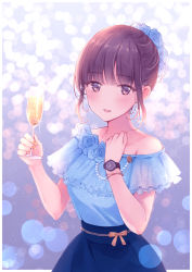 Rule 34 | 1girl, alcohol, blue shirt, blue skirt, blurry, blurry background, blush, brown eyes, brown hair, champagne, champagne flute, cup, drinking glass, flower, frilled shirt collar, frills, holding, holding cup, long hair, looking at viewer, nagidango, nail polish, open mouth, original, shirt, skirt, smile, solo, watch