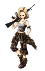 Rule 34 | 1girl, android 18, armband, assault rifle, bandaged arm, bandages, black gloves, blonde hair, boots, breasts, camouflage, camouflage pants, cleavage, clothes around waist, dragon ball, dragonball z, earrings, facial mark, finger on trigger, full body, gloves, grey eyes, gun, holding, holding gun, holding weapon, jacket, jacket around waist, jewelry, koh (oab71kq3), m16, m16a2, medium breasts, navel, pants, pouch, rifle, single glove, solo, tank top, toriyama akira (style), torn clothes, weapon
