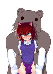 Rule 34 | 1girl, angry, animal ears, annie (league of legends), blush, cat ears, clothed sex, green eyes, held up, highres, leggings, no panties, pedobear, rape, red hair, restrained, rnerhlrl, sex, short hair, skirt, sweater-vest