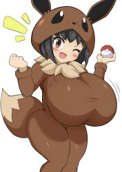 Rule 34 | 1girl, :d, black hair, blush stickers, breasts, cosplay, creatures (company), eevee, eevee (cosplay), female focus, game freak, gen 1 pokemon, highres, holding, holding poke ball, hood, hood up, huge breasts, jaga334, long sleeves, looking at viewer, motion lines, nintendo, one eye closed, open mouth, oppai loli, poke ball, poke ball (basic), poke kid (pokemon), pokemon, pokemon swsh, short hair, simple background, smile, solo, standing, white background, wink