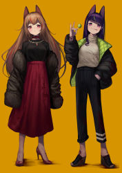 Rule 34 | 2girls, :p, absurdres, animal ears, black footwear, black jacket, black pants, black shirt, blood, blood on clothes, blush, brown hair, candy, closed mouth, food, fox ears, fox shadow puppet, fur-trimmed jacket, fur trim, grey shirt, hand in pocket, hand up, high-waist skirt, high heels, highres, holding, holding candy, holding food, holding lollipop, jacket, lollipop, long hair, long skirt, long sleeves, miyama (tokiwairo8), multicolored hair, multiple girls, off shoulder, orange background, original, pants, pleated skirt, puffy long sleeves, puffy sleeves, purple eyes, purple hair, red eyes, red footwear, red hair, red skirt, shadow, shirt, shoes, skirt, smile, standing, streaked hair, tongue, tongue out, very long hair