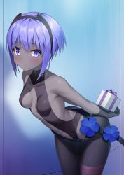 Rule 34 | 1girl, arms behind back, bare shoulders, black bodysuit, black gloves, blush, bodysuit, box, breasts, butt crack, closed mouth, colored skin, commentary request, cowboy shot, dark-skinned female, dark skin, fate/prototype, fate/prototype: fragments of blue and silver, fate (series), gift, gift box, gloves, grey skin, hair between eyes, hassan of serenity (fate), holding, holding gift, leaning forward, leotard, looking at viewer, mashima (sumachi), purple eyes, purple hair, sidelocks, small breasts, solo