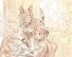 Rule 34 | 10s, 1boy, 1girl, bread, chair, commentary request, cup, draph, drunk (granblue fantasy), earrings, eating, erune, food, fork, granblue fantasy, hand up, hood, horns, hoshikuzushi, indoors, jewelry, long hair, people, plant, plate, sandwich, sepia, short hair, single earring, sturm (granblue fantasy), table, wavy hair