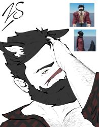 Rule 34 | 1boy, animal ears, arm hair, bara, beard, beard over mouth, black hair, chest hair, dog boy, dog ears, ear down, eyebrow cut, facial hair, full beard, game screenshot inset, hairy, half-closed eyes, hand over eye, head tilt, highres, humanization, looking at viewer, male focus, mature male, muscular, muscular male, partially undressed, pectoral cleavage, pectorals, portrait, reference inset, roblox, scar, scar on face, scar on nose, short hair, solo, thick beard, thick eyebrows, thick mustache, zronacles