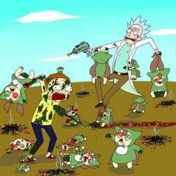 Rule 34 | 2boys, attack, blood, brown hair, crossover, death, futaba channel, green eyes, gun, guro, heterochromia, jissouseki, lab coat, mortimer smith, morty smith, multiple boys, portal (object), red eyes, rick and morty, rick sanchez, rozen maiden, shirt, short sleeves, stick, violence, weapon, yellow shirt