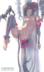 Rule 34 | 1girl, aqua eyes, bad id, bad pixiv id, breasts, guro, hatsune miku, highres, leg up, long hair, looking at viewer, mecha musume, mechanical arms, nipples, nude, object insertion, pussy, single mechanical arm, solo, twintails, uncensored, vaginal, vaginal object insertion, veilrain, very long hair, vocaloid