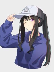 Rule 34 | 1girl, absurdres, adjusting clothes, adjusting headwear, alternate hairstyle, anime oekaki13, arm up, baseball cap, black hair, black hat, blue hoodie, chromatic aberration, commentary, cropped torso, film grain, grey background, hat, highres, hood, hoodie, inoue takina, long hair, looking at viewer, lycoris recoil, one eye closed, ponytail, sidelocks, simple background, solo, two-tone headwear, white hat