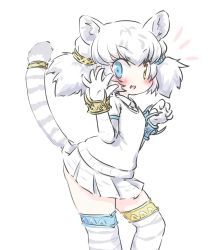 Rule 34 | 1girl, :d, animal ear fluff, animal ears, blue eyes, blush, bracelet, byakko (kemono friends), chibi, claw pose, commentary, elbow gloves, fang, gloves, hands up, heterochromia, jewelry, kemono friends, looking at viewer, open mouth, pleated skirt, short hair, simple background, skirt, smile, solo, striped tail, tail, thighhighs, tiger ears, tiger tail, uho (uhoyoshi-o), v-shaped eyebrows, waving, white background, white gloves, white hair, white skirt, white thighhighs, yellow eyes