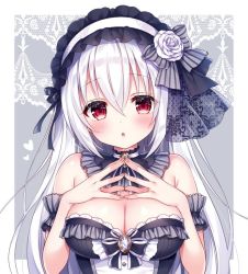 Rule 34 | 1girl, arm garter, bare shoulders, black dress, blush, breasts, cleavage, commentary request, detached collar, dress, flower, headdress, large breasts, long hair, looking at viewer, mitsuba choco, original, own hands together, parted lips, red eyes, rose, sleeveless, sleeveless dress, solo, steepled fingers, strapless, strapless dress, upper body, white flower, white hair