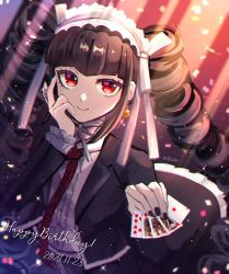 Rule 34 | 1girl, artist name, black hair, bonnet, card, celestia ludenberg, claw ring, danganronpa: trigger happy havoc, danganronpa (series), dated, drill hair, earrings, frills, gothic lolita, hand up, happy birthday, holding, holding card, jewelry, lolita fashion, long hair, looking at viewer, mikao (eanv5385), necktie, queen (playing card), queen of hearts (playing card), red eyes, red necktie, smile, solo, twin drills, twintails