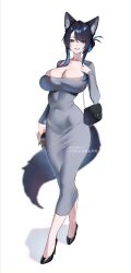Rule 34 | 1girl, absurdres, animal ears, black hair, blue eyes, breasts, cleavage, collarbone, covered navel, dongtan dress, dress, fox ears, fox girl, fox tail, full body, grey dress, grin, highres, large breasts, long hair, long sleeves, looking at viewer, meme attire, original, reiko (tofuubear), smile, solo, tail, taut clothes, taut dress, tofuubear