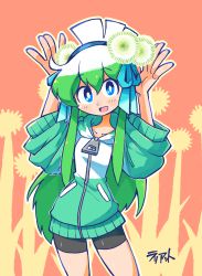 Rule 34 | 1girl, :d, bike shorts, blue eyes, blue ribbon, blush, bright pupils, commentary, contrapposto, english commentary, flower, flower request, green hair, hair flower, hair ornament, hair ribbon, hands up, highres, hood, hood down, hoodie, konegi (rariatto), long hair, looking at viewer, multicolored hair, open mouth, original, rariatto (ganguri), ribbon, signature, smile, solo, spring onion, standing, two-tone hair, very long hair, wide sleeves, zipper