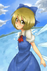 Rule 34 | 1girl, blonde hair, cirno, cirno (cosplay), cosplay, dress, female focus, gradient background, harusame (unmei no ikasumi), lake, lunasa prismriver, outdoors, ribbon, short hair, sky, solo, touhou, wings