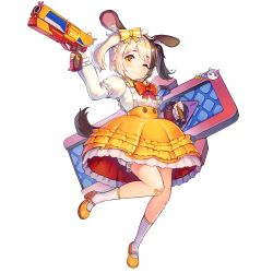 Rule 34 | 1girl, :3, ;3, animal ears, bell, blonde hair, bloomers, blush, bow, brown hair, dog ears, dog girl, dog tail, dress, full body, game cg, gun, hachiko of castling, hair bow, highres, last origin, long hair, mary janes, official art, one eye closed, orange eyes, paintale, shoes, smile, solo, tachi-e, tail, tareme, transparent background, twintails, underwear, weapon, aged down