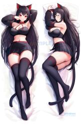 Rule 34 | 1girl, absurdres, animal ears, arm behind head, arm up, armpits, arms up, ass, bandeau, bare shoulders, black hair, black skirt, black thighhighs, bow, bowtie, breasts, cat ears, cat girl, cat tail, cleavage, clickdraws, closed mouth, crop top, dakimakura (medium), detached sleeves, highres, indie virtual youtuber, lanfear, large breasts, long hair, long sleeves, looking at viewer, lying, midriff, miniskirt, multiple views, navel, no shoes, on back, pleated skirt, red eyes, ribbed legwear, skirt, sleeping, smile, stomach, strapless, tail, tattoo, thighhighs, thighs, tube top, very long hair, virtual youtuber, vrchat, zettai ryouiki