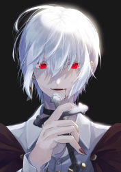 Rule 34 | 1boy, black background, black choker, blood, blood from mouth, blood on face, buttons, choker, collar, collared shirt, cross, earrings, fang, fantasy, glowing, glowing hair, highres, holding, holding cross, hoshino ruru, jewelry, long sleeves, looking at viewer, male focus, original, parted lips, red eyes, shirt, short hair, simple background, solo, upper body, vampire, white hair, white shirt