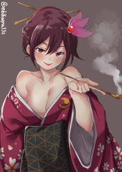Rule 34 | 1girl, alternate costume, arm at side, bare shoulders, breasts, brown background, brown eyes, brown hair, commentary request, crescent, crescent pin, ebifurya, floral print, hair between eyes, hair ornament, hair up, hairpin, half-closed eyes, highres, hookah, japanese clothes, kantai collection, kimono, kisaragi (kancolle), lipstick, long hair, looking at viewer, makeup, medium breasts, obi, purple kimono, ribbon, sash, sidelocks, smile, smoke, smoking, smoking pipe, solo, upper body, wide sleeves