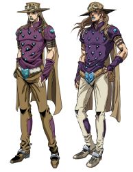 Rule 34 | 1boy, araki hirohiko (style), belt, blue lips, brown belt, brown cape, brown headwear, brown pants, cape, contrapposto, cowboy hat, fingernails, goggles, goggles on headwear, grandguerrilla, grey pants, gyro zeppeli, hat, highres, jojo no kimyou na bouken, lipstick, looking at viewer, makeup, male focus, multiple views, official style, pants, parted lips, purple shirt, redrawn, shirt, short sleeves, simple background, spurs, standing, steel ball run, white background