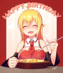 Rule 34 | 1girl, ^ ^, ahoge, antenna hair, artist name, bare shoulders, blonde hair, blueberry (5959), blush, breasts, cleavage, detached sleeves, closed eyes, food, hair between eyes, happy birthday, holding, holding spoon, large breasts, long hair, open mouth, sitting, sleeveless, smile, solo, spoon, steam, teeth, tsurumaki maki, vocaloid, voiceroid