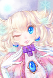Rule 34 | 1girl, blonde hair, blue eyes, dress, earrings, gloves, jewelry, looking at viewer, mario (series), open mouth, princess peach, smile, snowflakes, solo, super mario bros. 1, tetris, wink